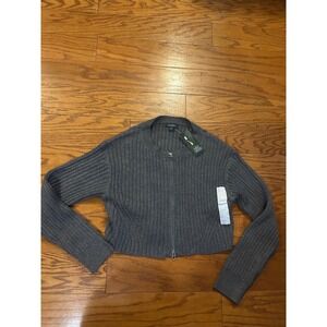 Wild Fable Womens Ribbed Full Zip Cropped Cardigan Sweater Dark Gray S NEW
